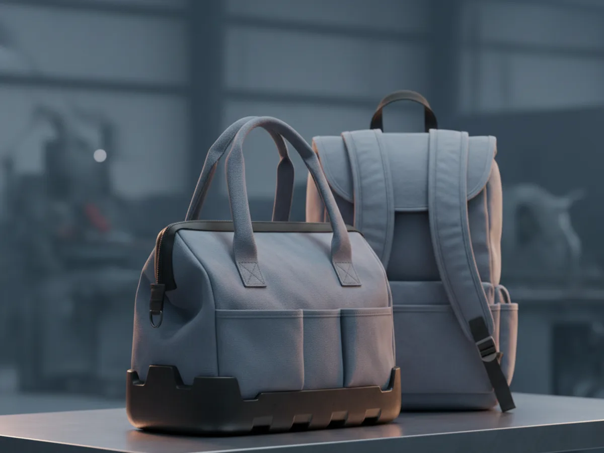 Canvas tool holdall with a moulded hard base and twin handles standing in front of a tool backpack with padded straps