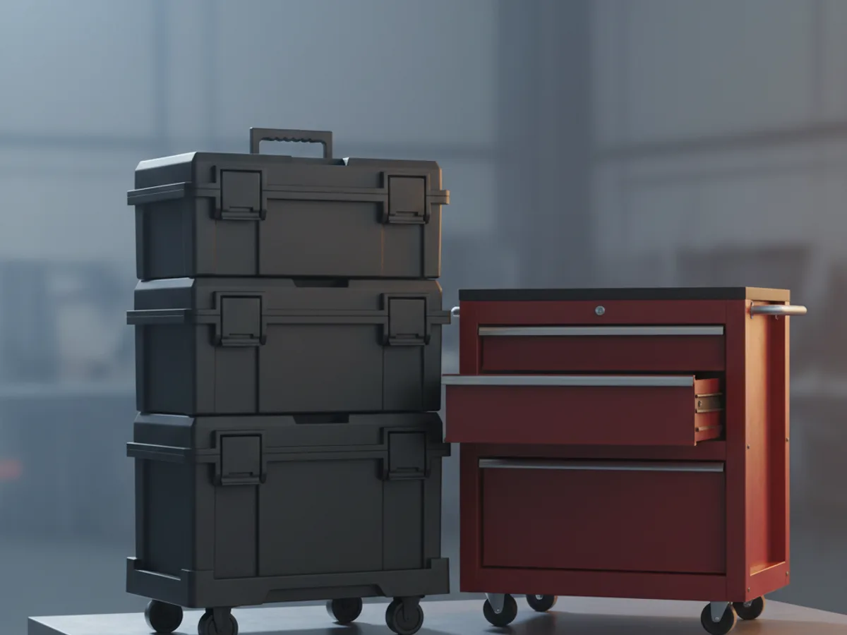 Stacked modular tool boxes on a wheeled base beside a red steel rolling tool chest with a drawer part open