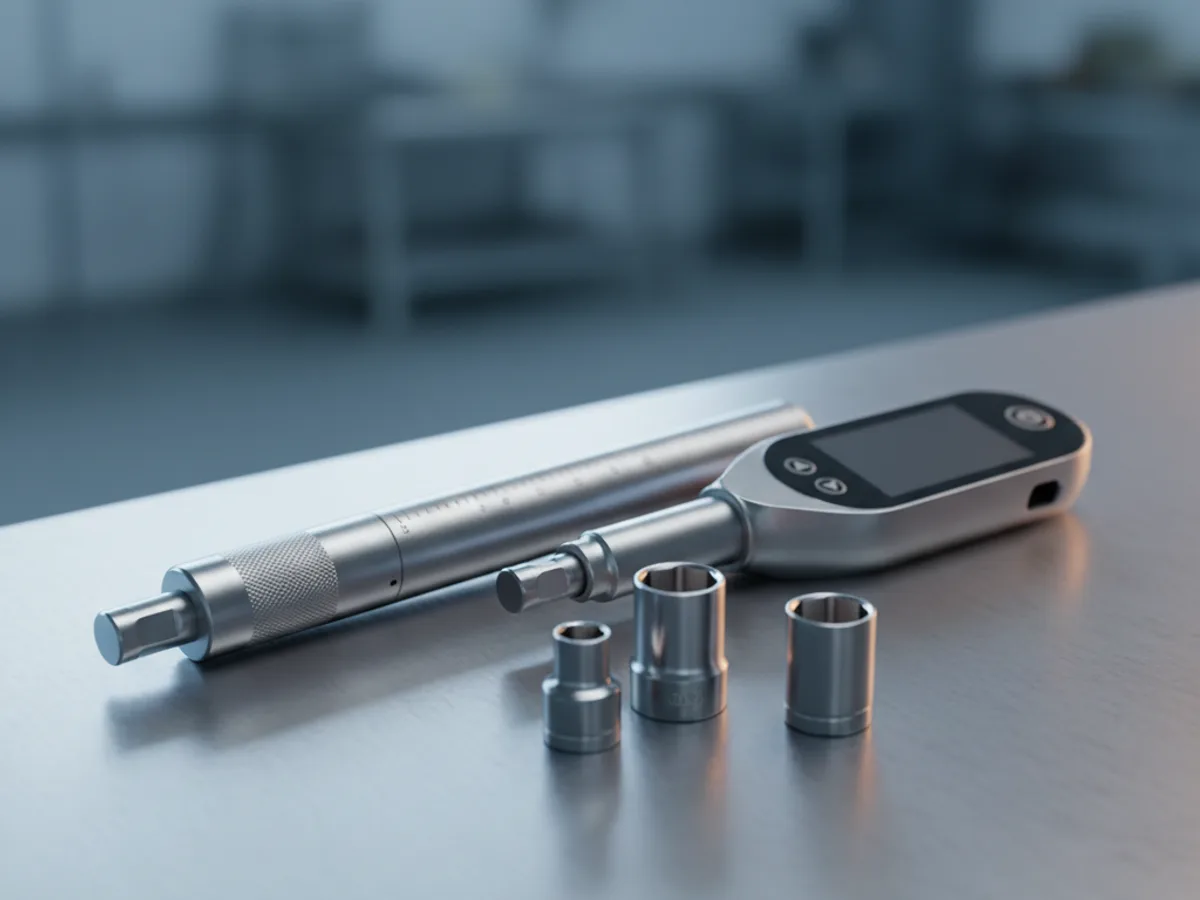Half inch drive click torque wrench with a knurled handle scale lying beside a digital torque wrench and sockets