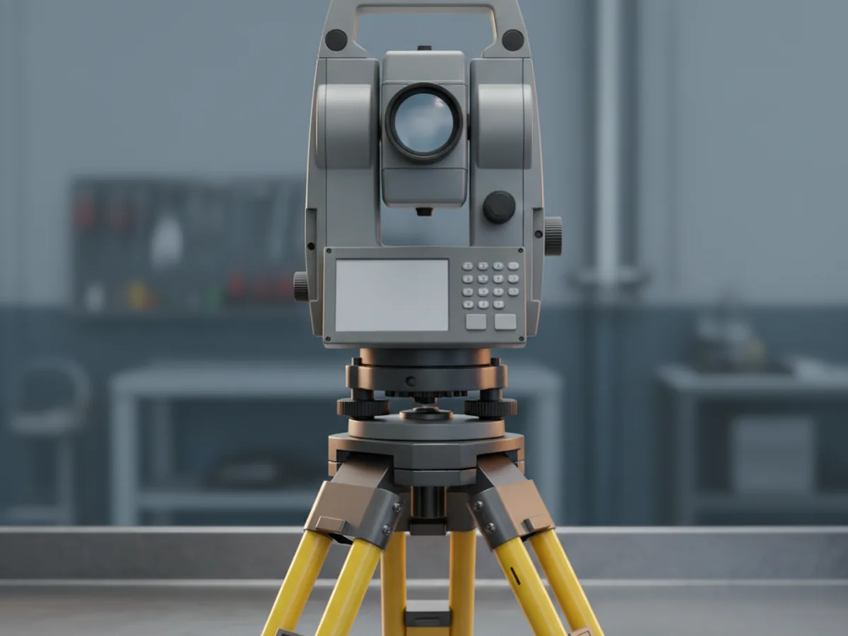 Total station mounted on a yellow tripod with its telescope and control panel facing the camera on a site