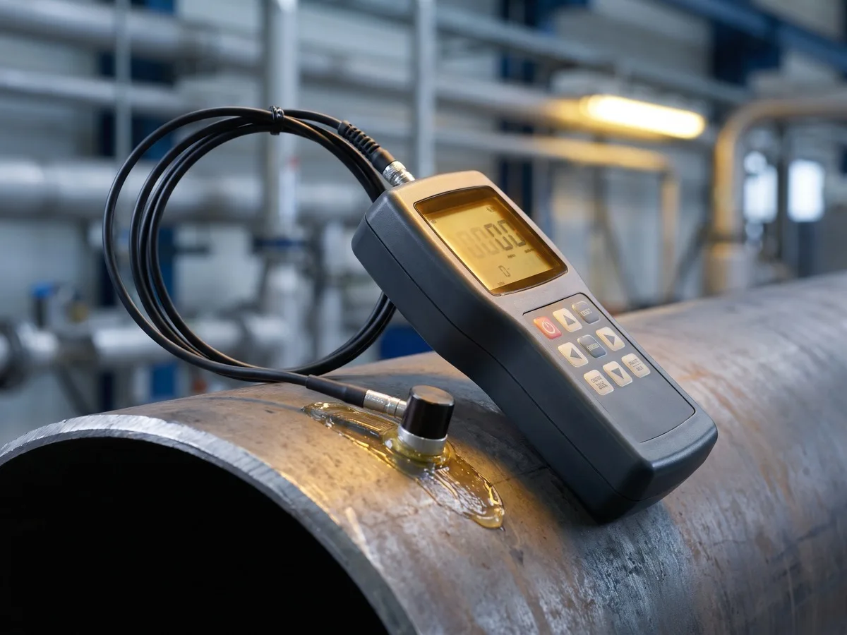 Handheld ultrasonic thickness gauge with its probe and couplant taking a wall reading on a steel pipe