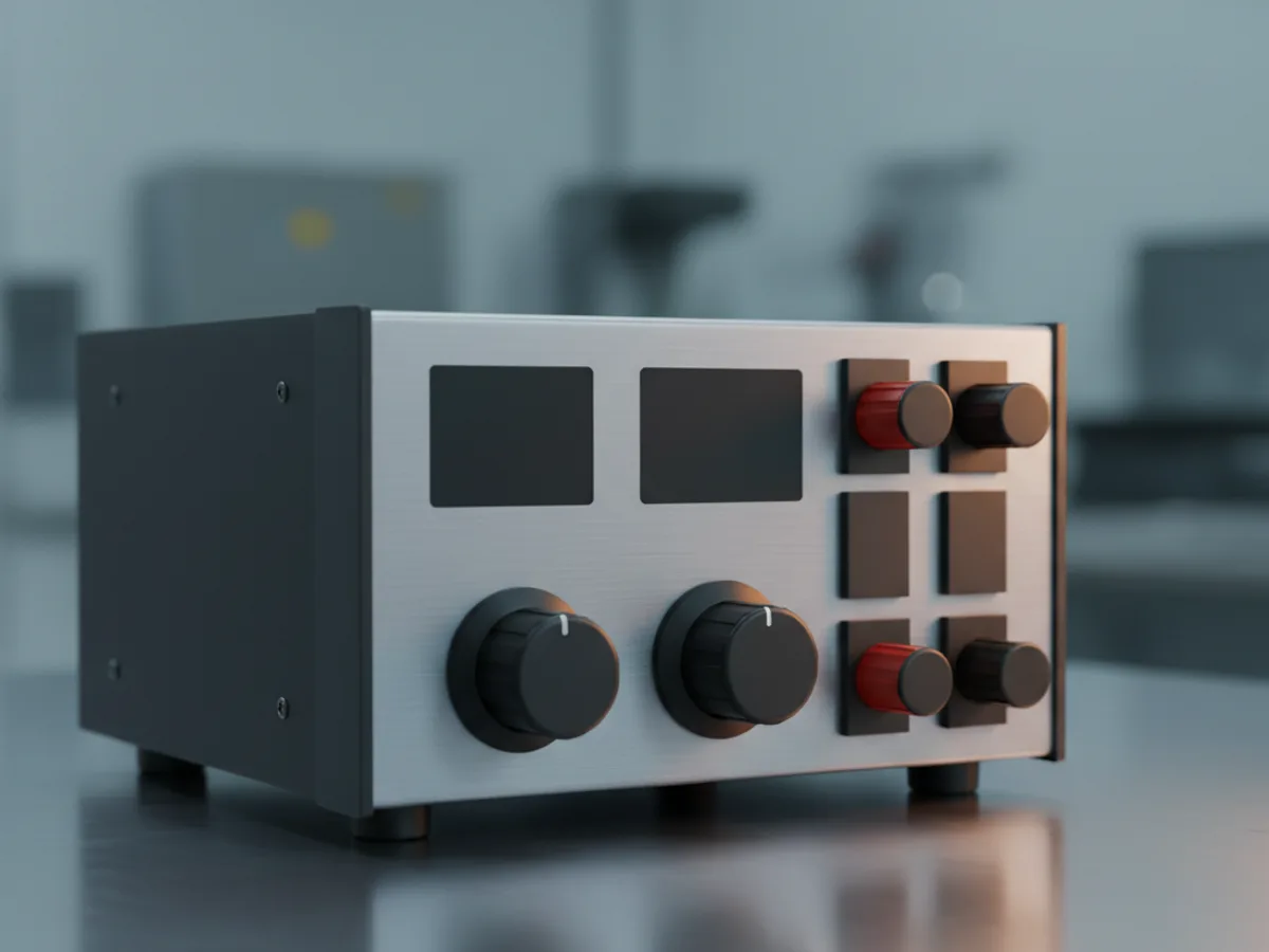 Bench power supply with blank digital displays and voltage and current knobs standing on an electronics bench