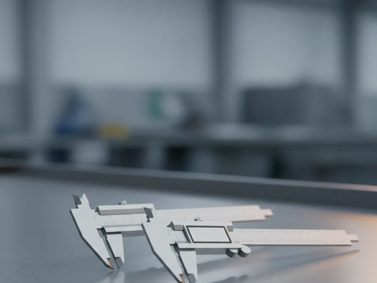 Two stainless steel calipers lying on a bench with their measuring jaws toward the camera, one with a blank display window