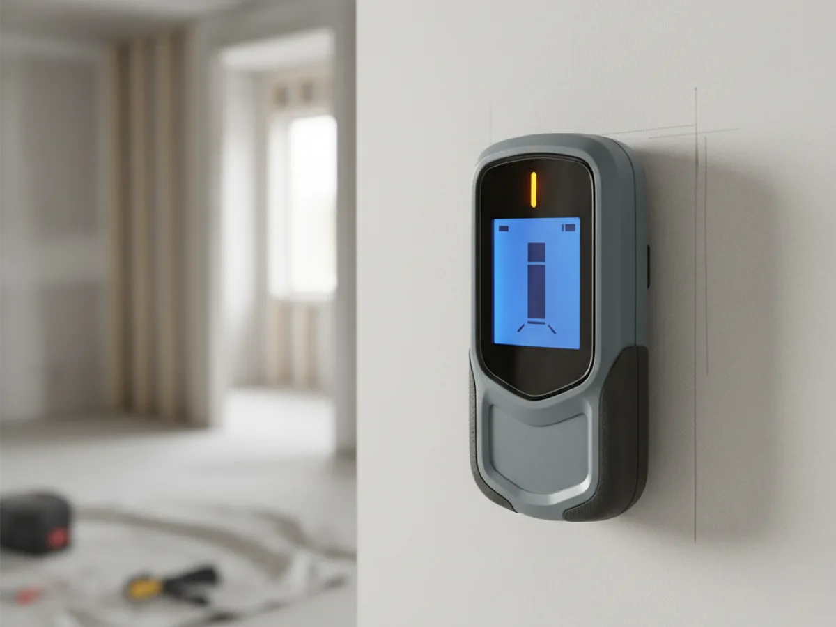 Multi-sensor wall scanner held against a plasterboard wall showing a stud edge on its display