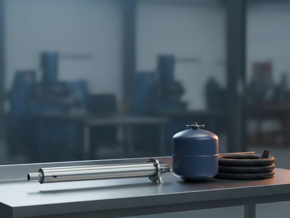 Stainless steel submersible borehole pump lying beside a blue pressure tank and coiled discharge pipe