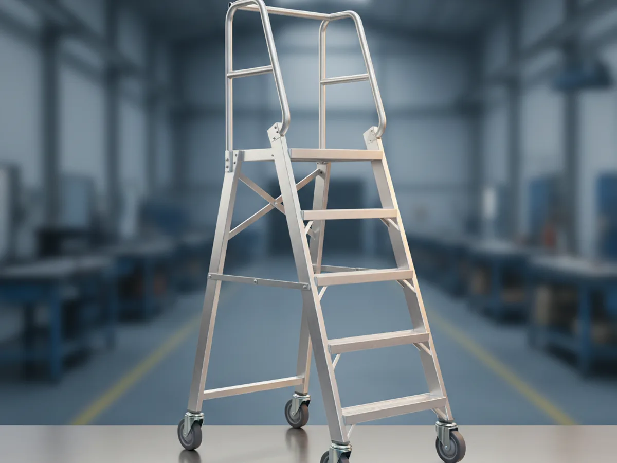 Aluminium rolling warehouse ladder with a guardrail around its top platform standing on a warehouse floor