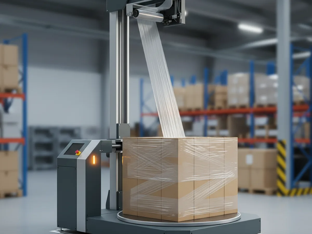 Semi-automatic pallet wrapping machine with a turntable and powered film carriage wrapping a stack of cartons