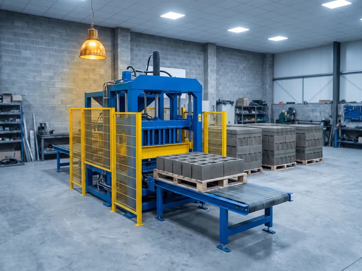 Hydraulic concrete block making machine with a pallet of freshly moulded hollow blocks on the conveyor