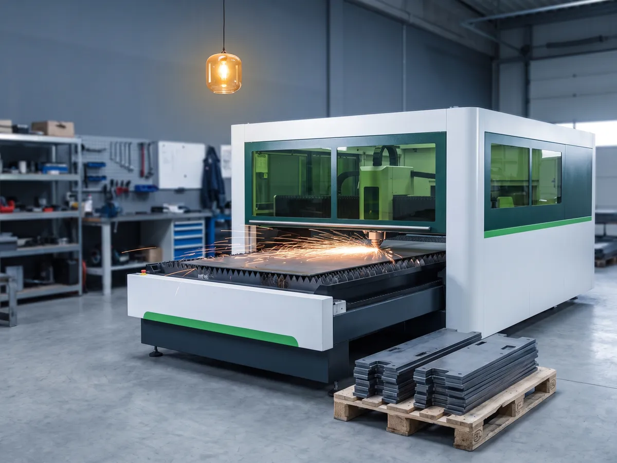 Enclosed fiber laser cutting machine cutting sheet steel with cut parts stacked in front