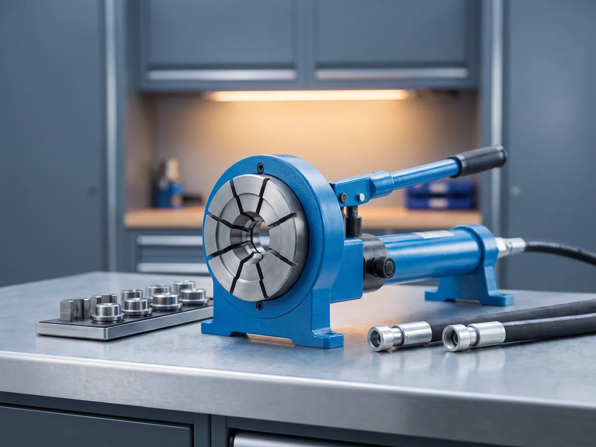 Bench-mounted hydraulic hose crimping machine with its round die head, a set of crimp dies and two hose ends