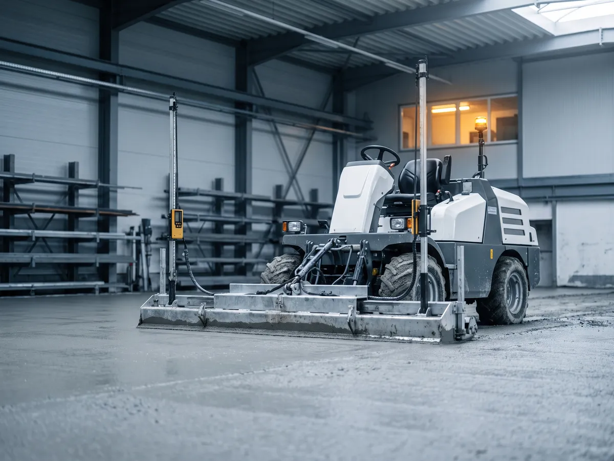 Ride-on laser screed machine levelling fresh concrete on a warehouse floor slab