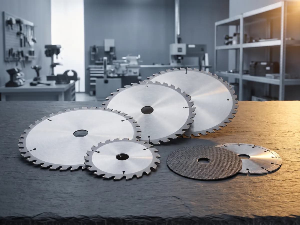 TCT circular saw blades of several diameters with a metal cut-off disc and a diamond tile disc on a slate workbench