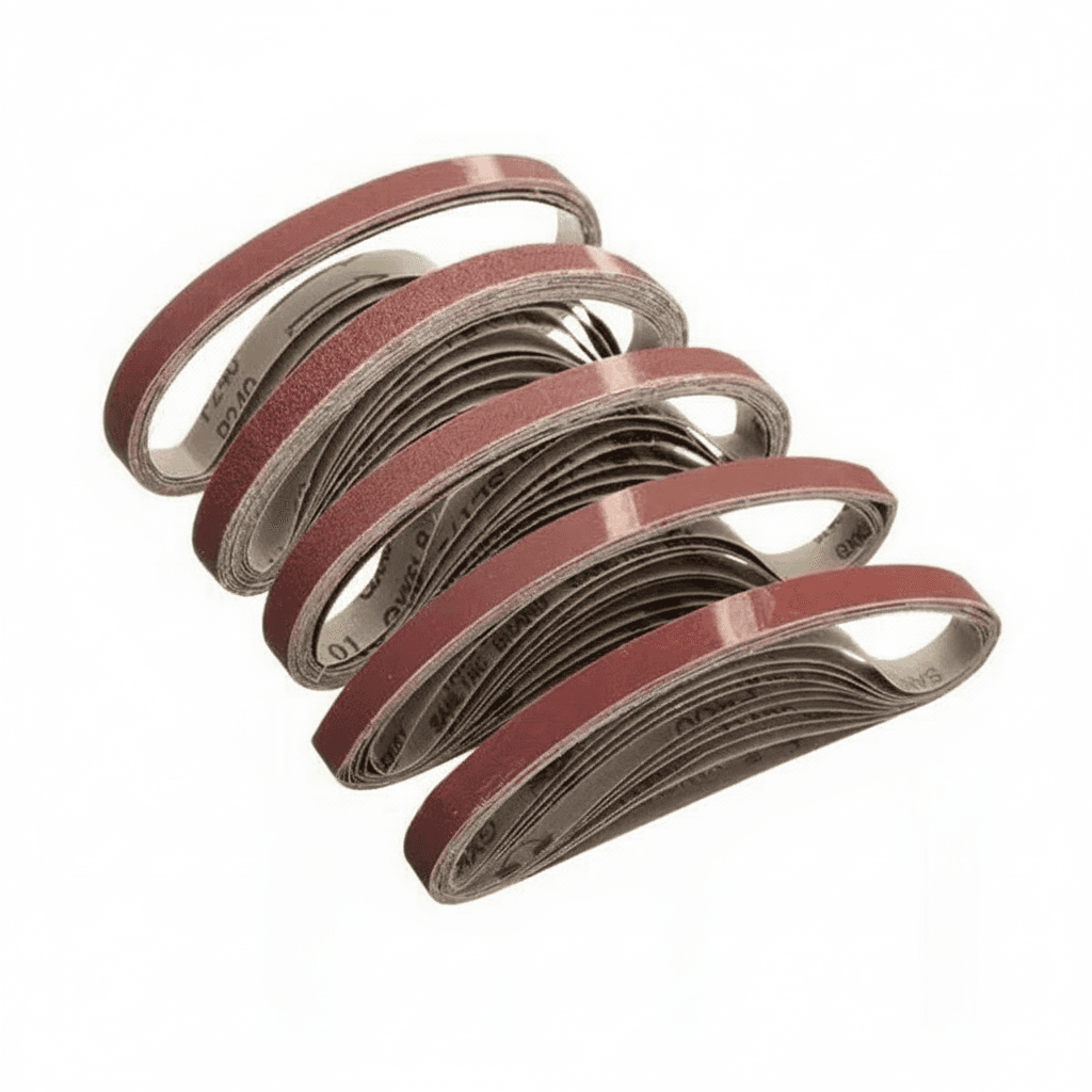 A selection of 15x452mm sanding belts with grits from 60 to 600 for polishing machines.