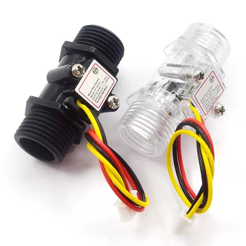 A YF-S201C G1/2 water flow sensor switch with a transparent enclosure, for water heaters.