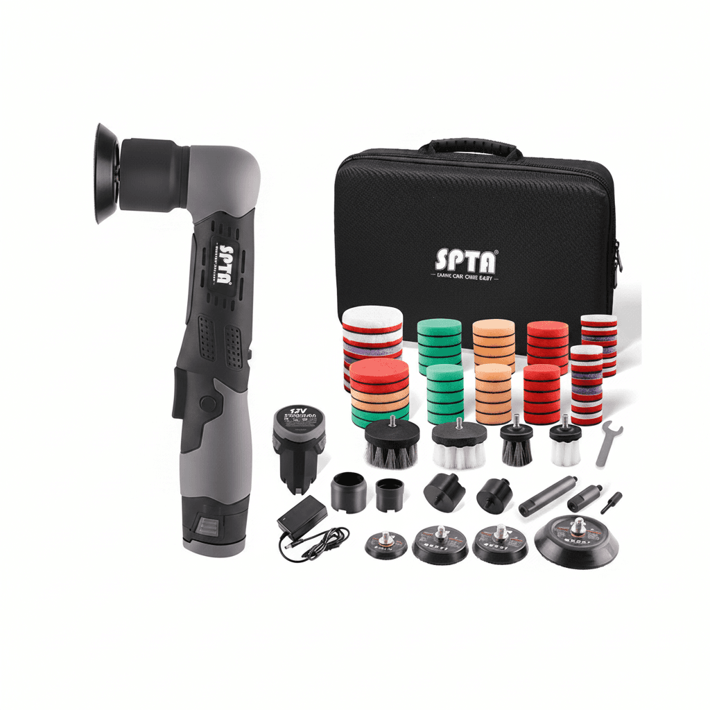 A SPTA 12V cordless mini rotary polisher for cars, designed to eliminate micro scratches.