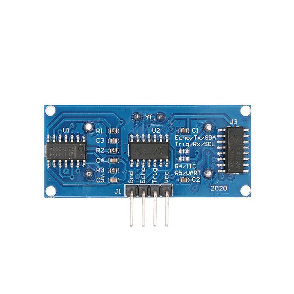 The HC-SR04 ultrasonic sensor module, a compact device for precise distance measurement in smart car applications.