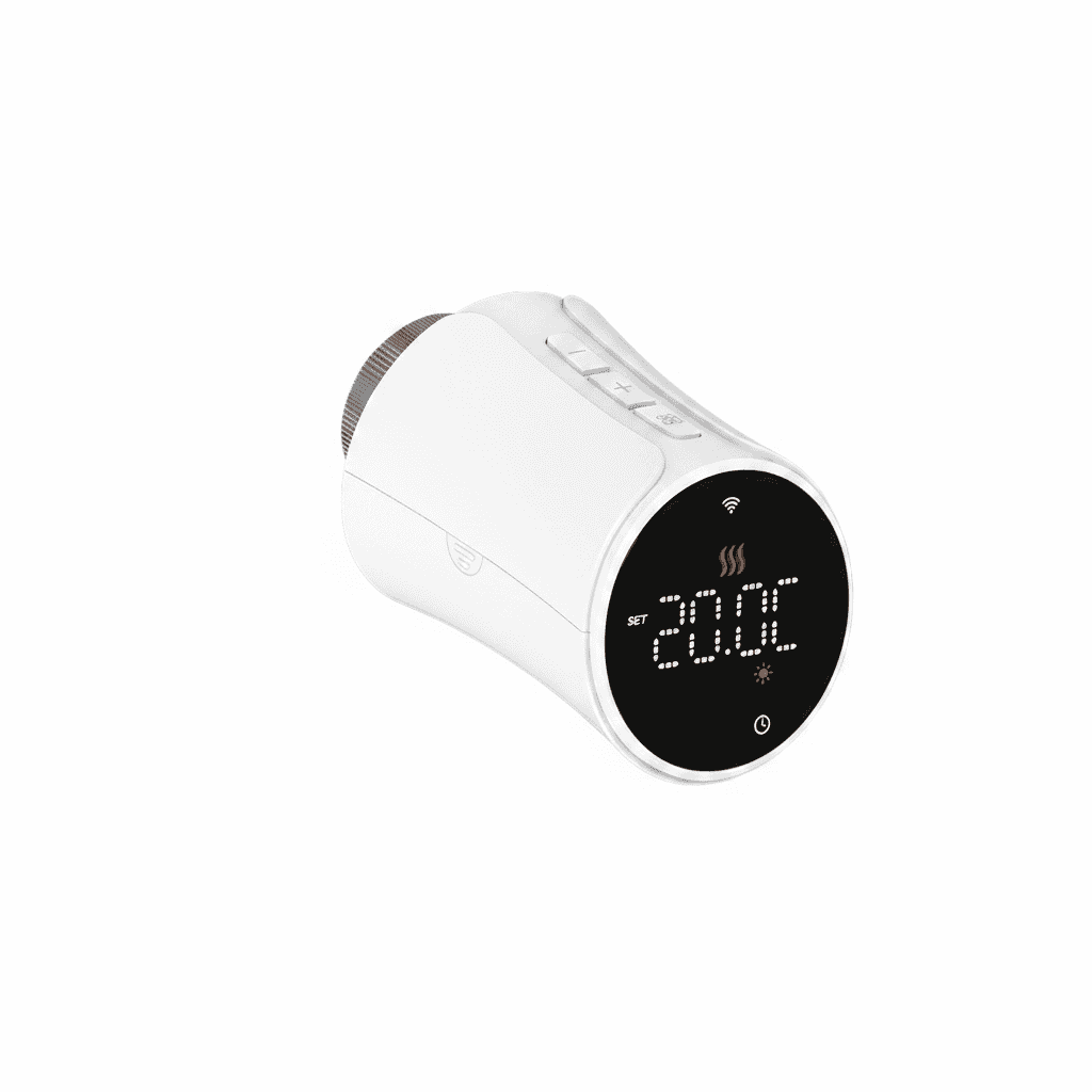 Smart Radiator Valve Thermostatic Head, a white device with a digital display.
