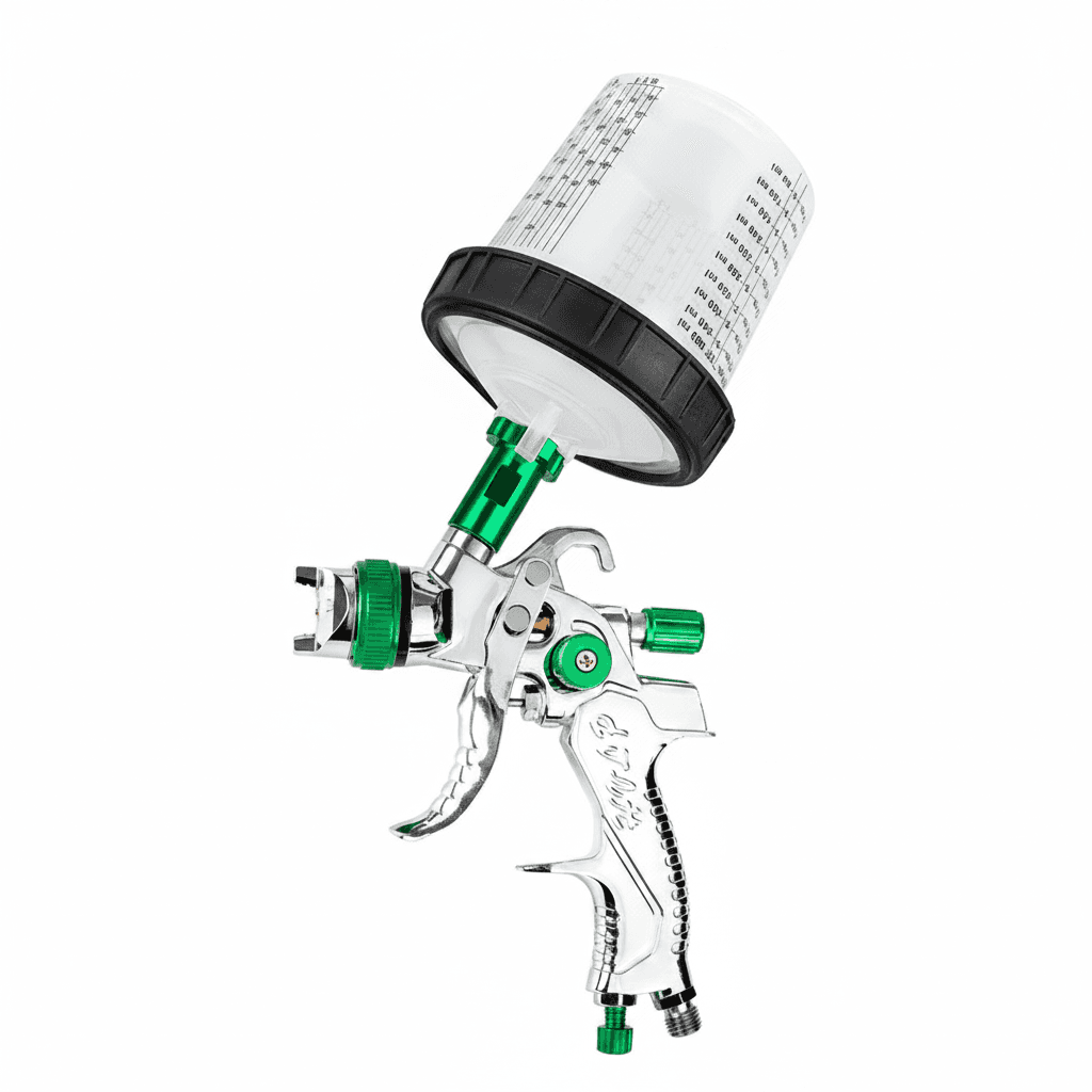 HVLP Paint Sprayer infographic detailing parts with callout text and lines.