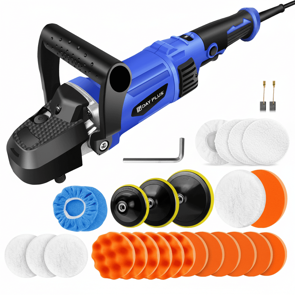 A powerful 1400W electric car polisher, a robust rotary polisher with a handle and 6 variable speeds.