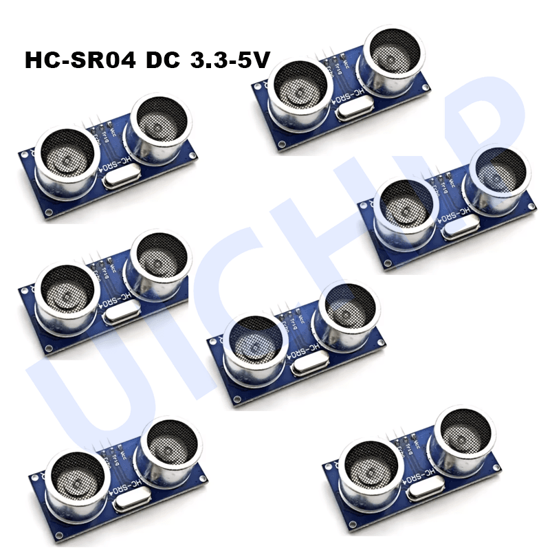 A single HC-SR04 ultrasonic sensor module with two silver transducers and a blue circuit board.
