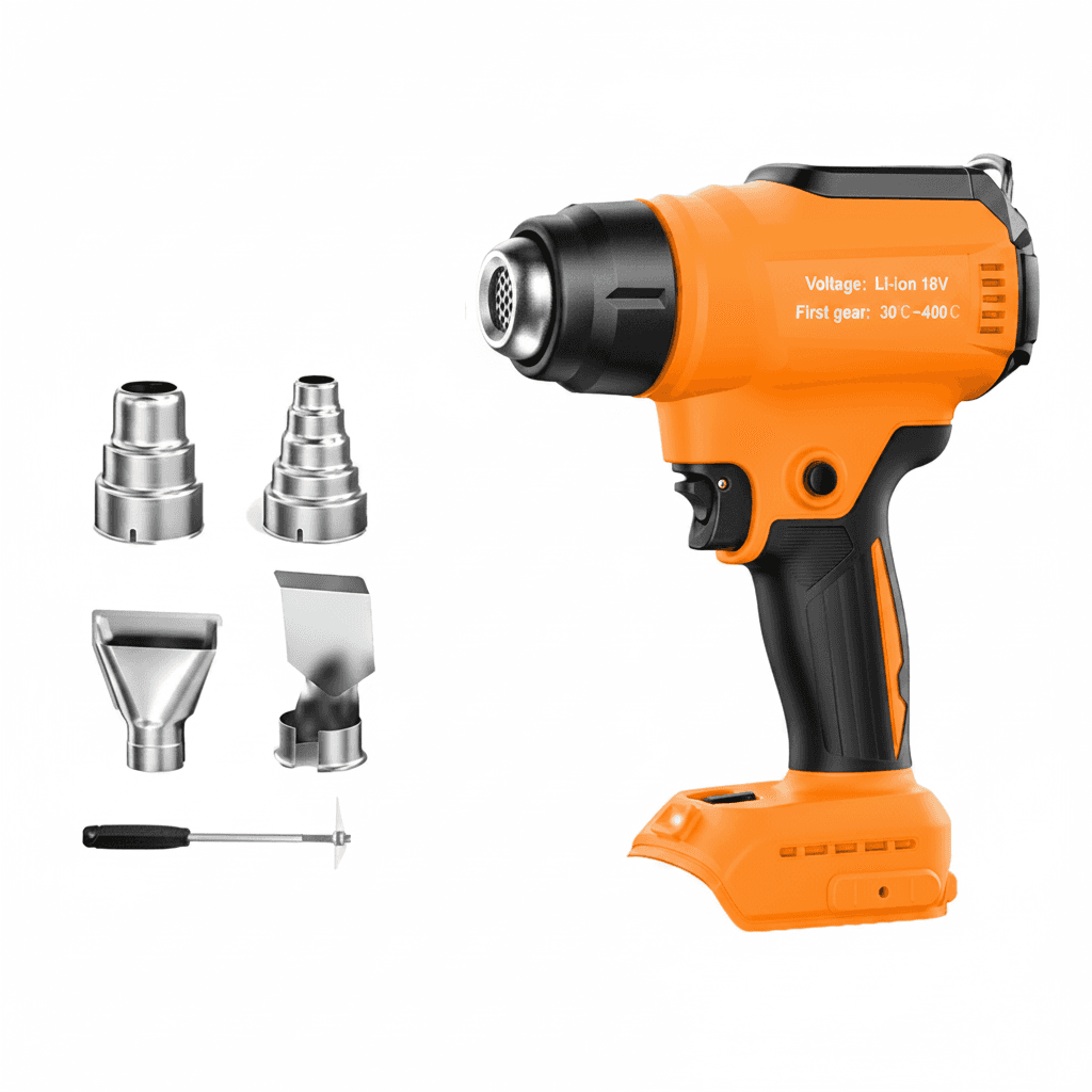 Cordless heat gun, side view, with battery attached.