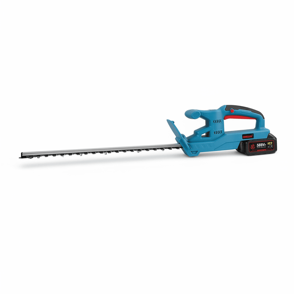 Cordless hedge trimmer, front view.