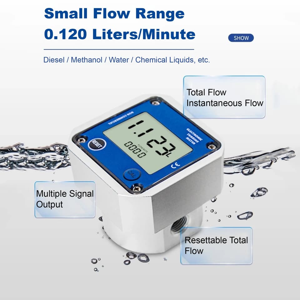 A micro oval gear flow sensor, electronic with RS485 digital output, for diesel, gasoline, and urea.