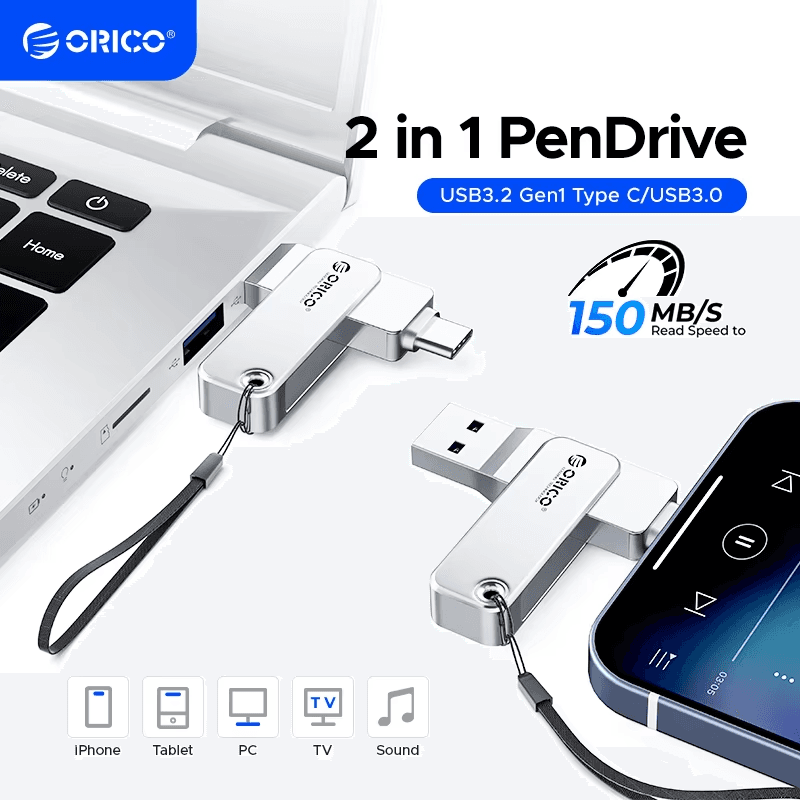 Dual USB-C and USB-A connectors on a 128GB flash drive, shown from a slight angle.