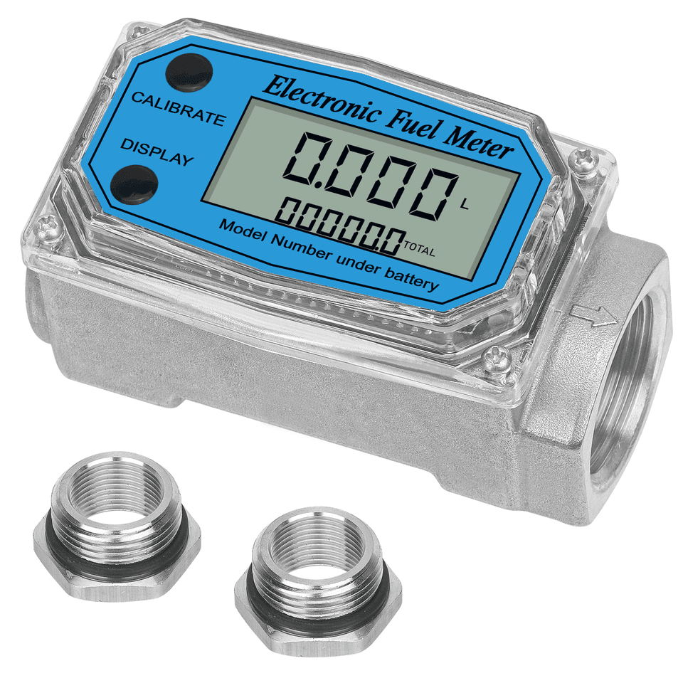 A 1-inch digital turbine flow sensor with 3/4-inch adapters, accurately measuring various liquids.
