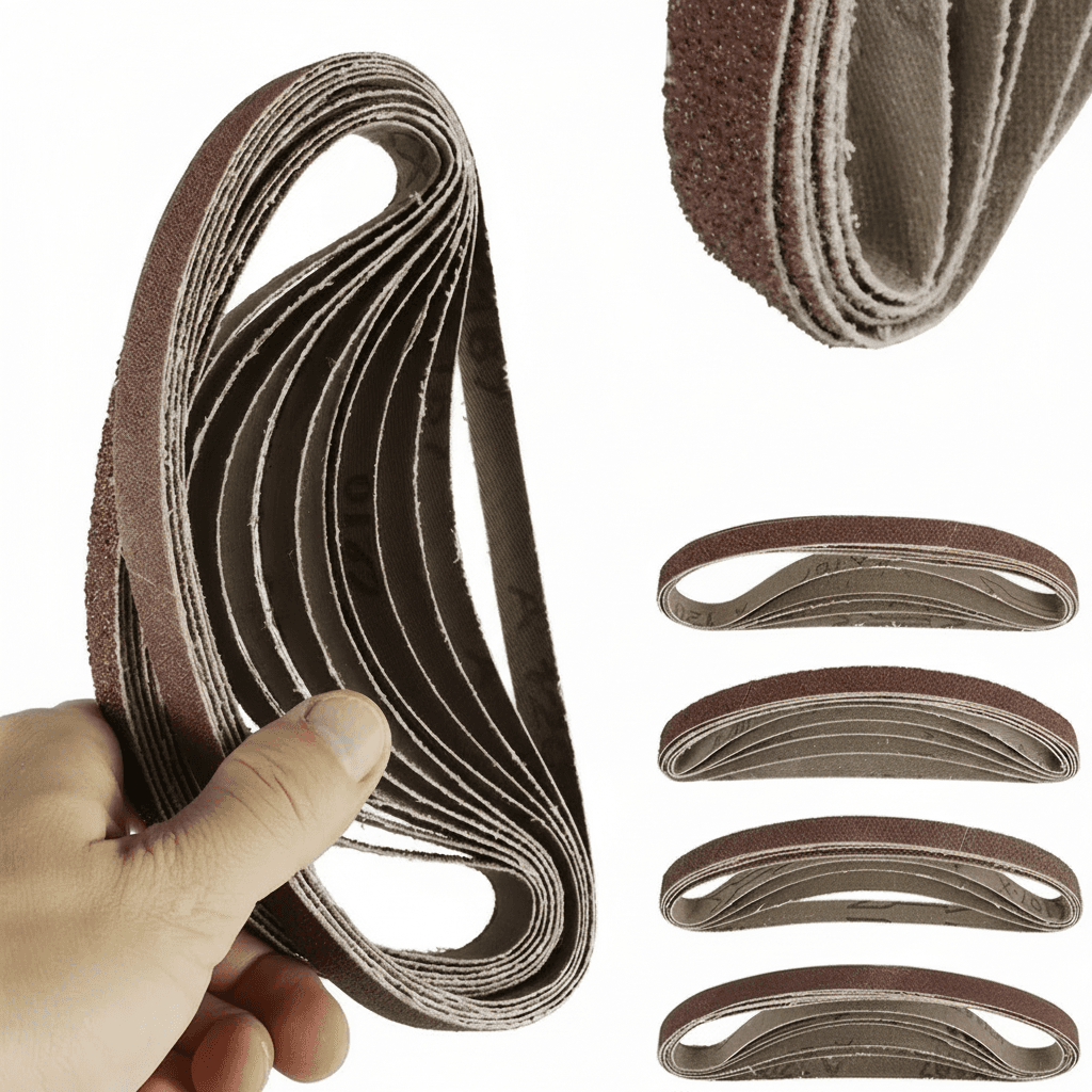 Twenty aluminum oxide sanding belts in various grits (40, 60, 80, 120), suitable for wood, metal, and plastic.