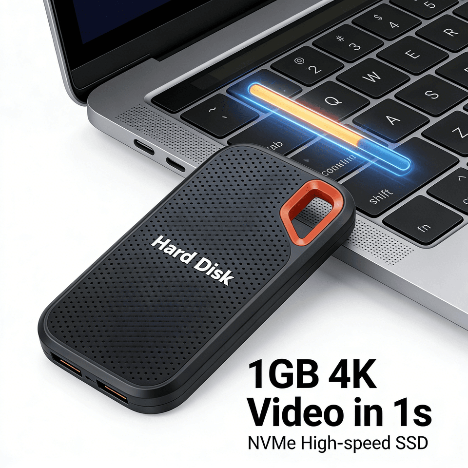 A compact black 2TB external SSD with USB 3.2 Gen2, offering fast and secure data transfer.