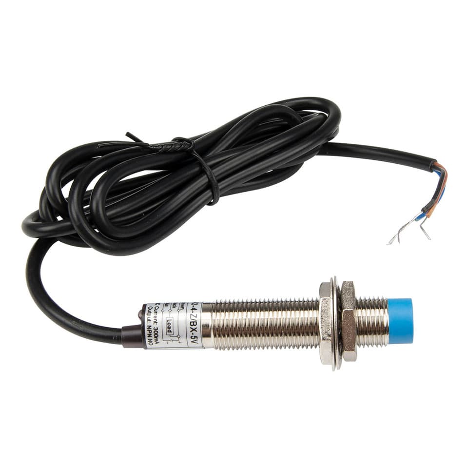 M12 cylindrical proximity sensor, model LJ12A3-4-Z/BX, with 4mm sensing distance for MCU applications.