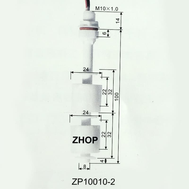 White plastic float switch, model ZP10010-2-52, with dual level control and M10*100MM threading.