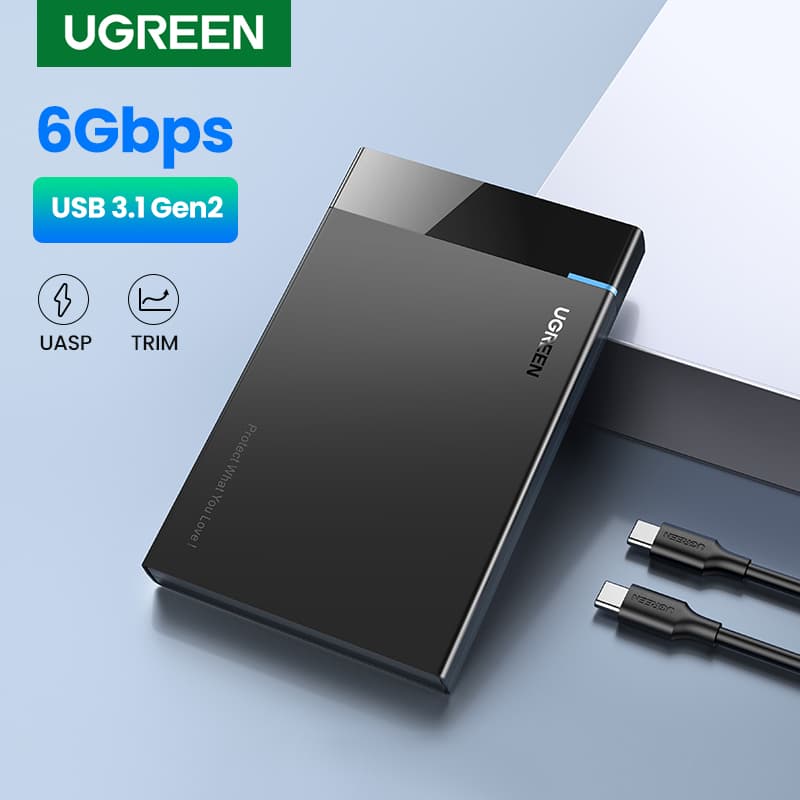 A UGREEN 2.5'' SATA to USB 3.0 hard drive enclosure, perfect for SSD disk and HDD box, with USB C 3.1 Gen 2 compatibility.