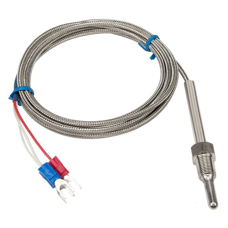 FTARP09 PT100 sensor with 2m metal braided cable and 30mm probe head, offering multiple thread options.