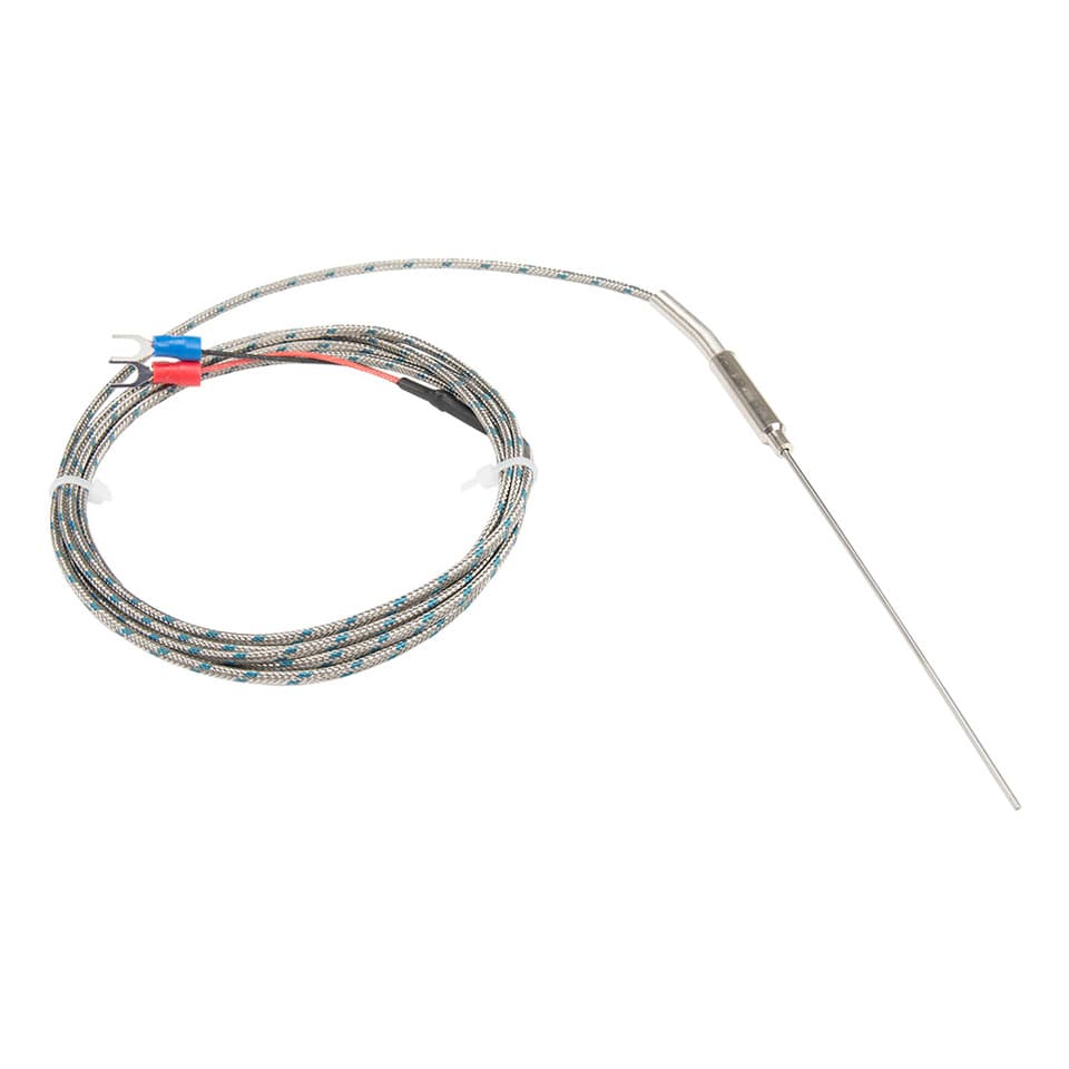 An FTARP08 K J type thermocouple with a 2m metal screening cable and a 100mm flexible probe, featuring a sheathed temperature sensor with 1.5mm or 3mm diameter.