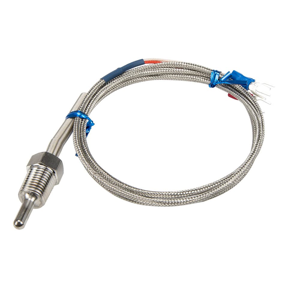 FTARP09 PT100 sensor with 1m metal braided cable and 30mm probe head, available in various thread sizes.