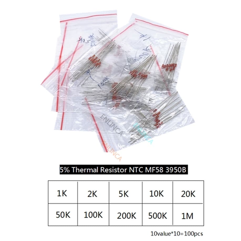 A kit of 100 NTC MF58 thermistor thermal resistors, offering various resistance values for temperature sensing.