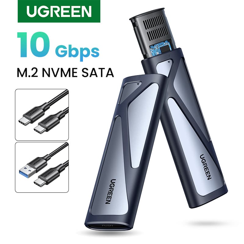 A UGREEN M2 SSD Case, a dual protocol M.2 to USB Type C 3.1 SSD adapter, functioning as an m.2 nvme enclosure for NVME PCIE NGFF SATA SSD disks.