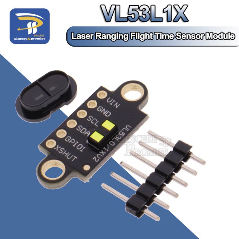 The VL53L1X laser ranging flight time sensor module, offering 3V-5V operation and 400cm distance measurement for Arduino.