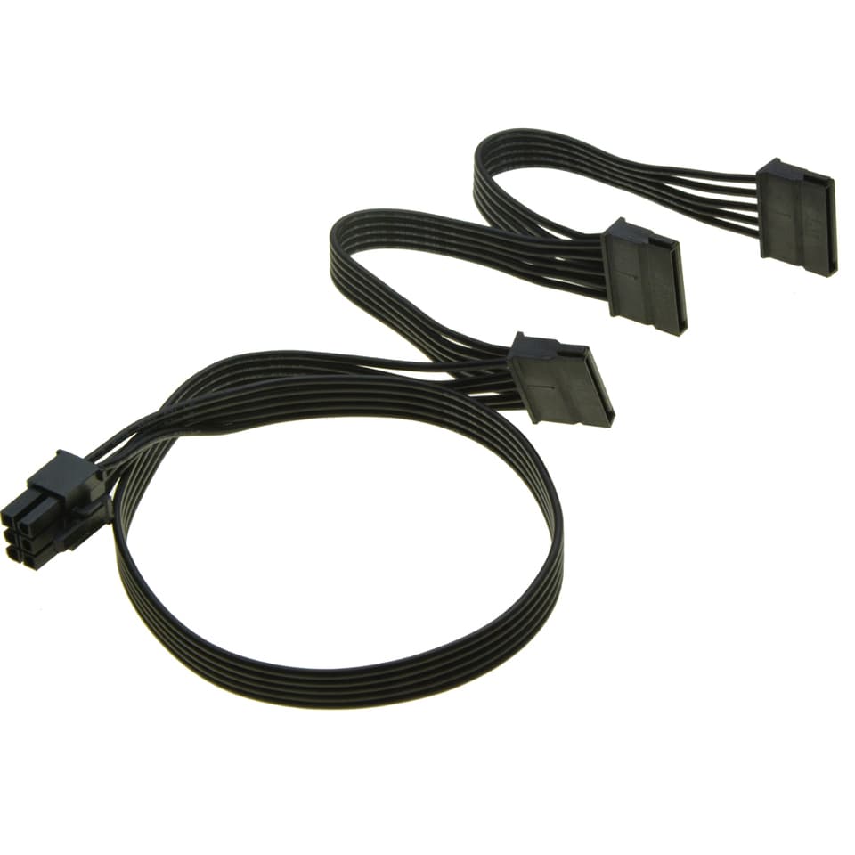Assortment of black modular SATA cable and other power supply cables for Seasonic FOCUS PLUS Gold FX.