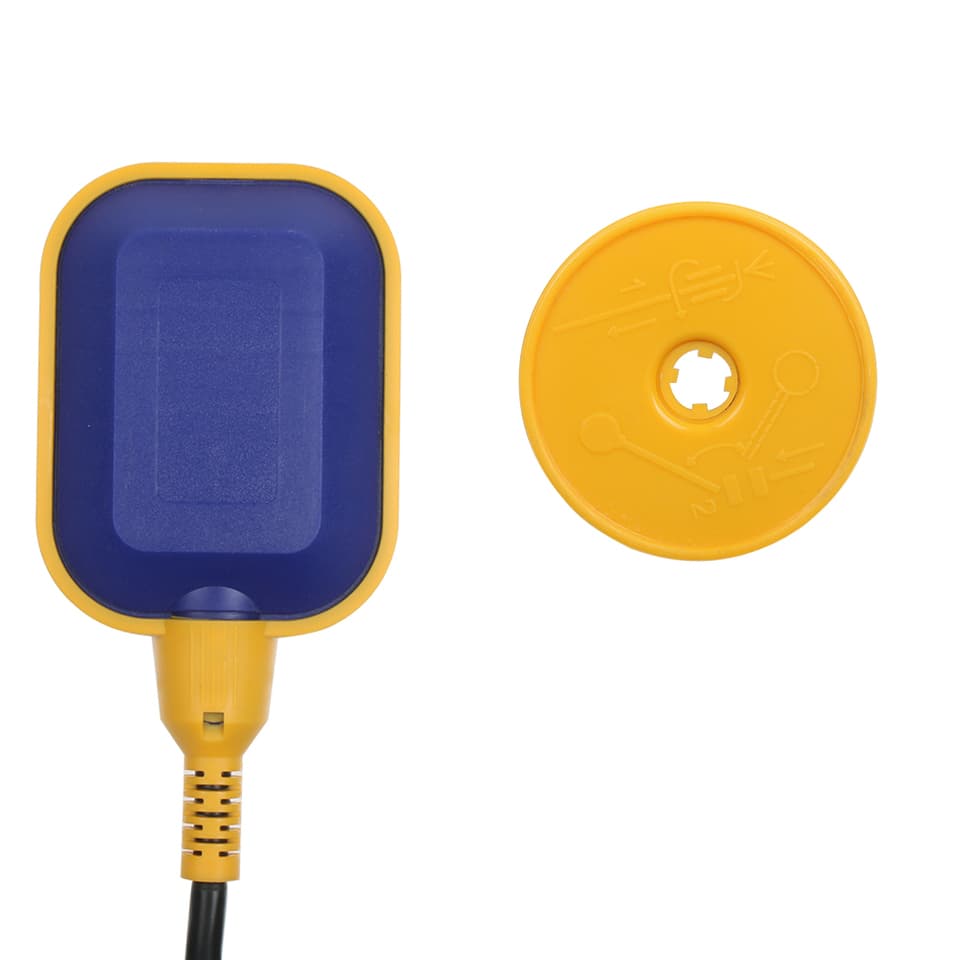 A black and yellow cable float switch for liquid level control, designed for industrial and domestic applications.