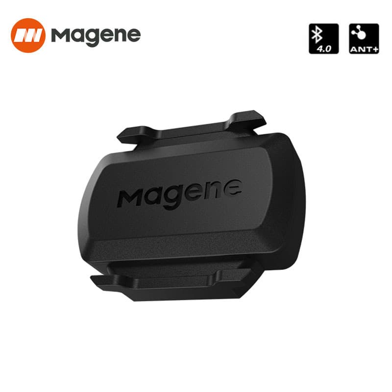 A Magene S3+ cadence sensor with an included sensor bracket, compatible with ANT+ and Bluetooth bike computers.