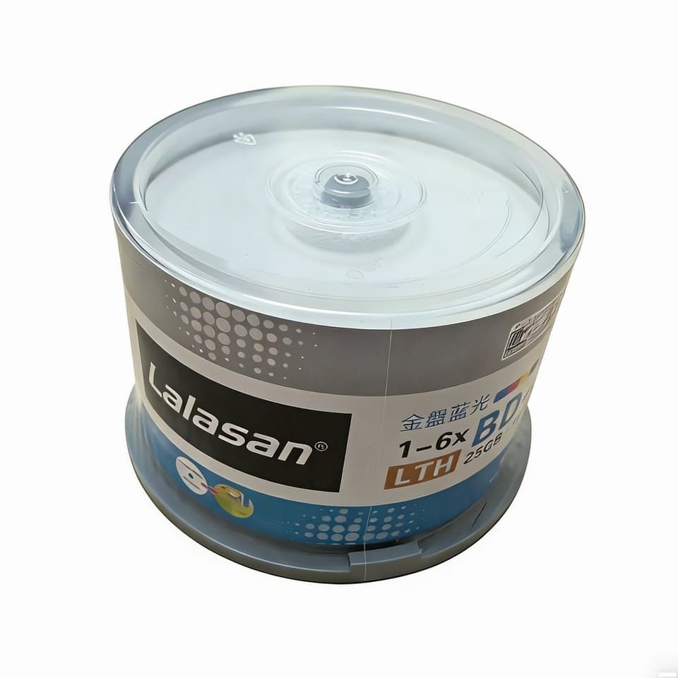 A stack of 50 golden printable blank Blu-ray discs (BD-R 25GB, LTH Type) in a clear spindle case.