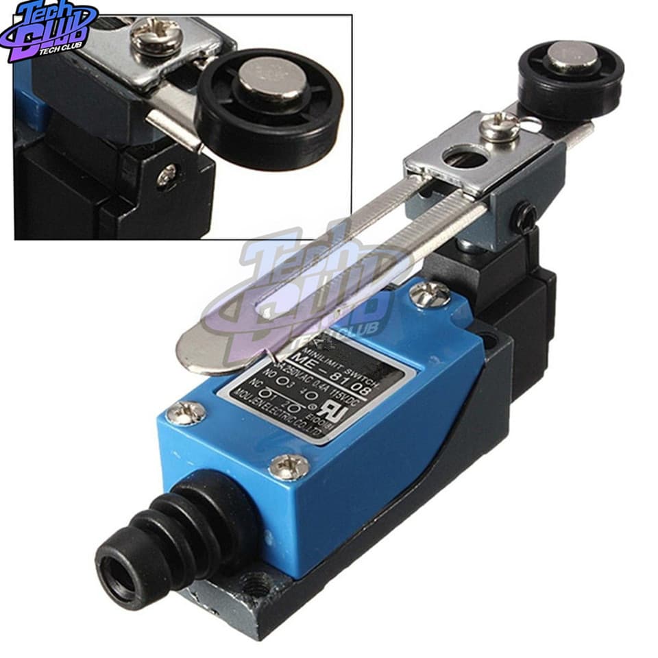 A ME-8108 limit switch with a rotary adjustable roller lever arm, designed for momentary action.