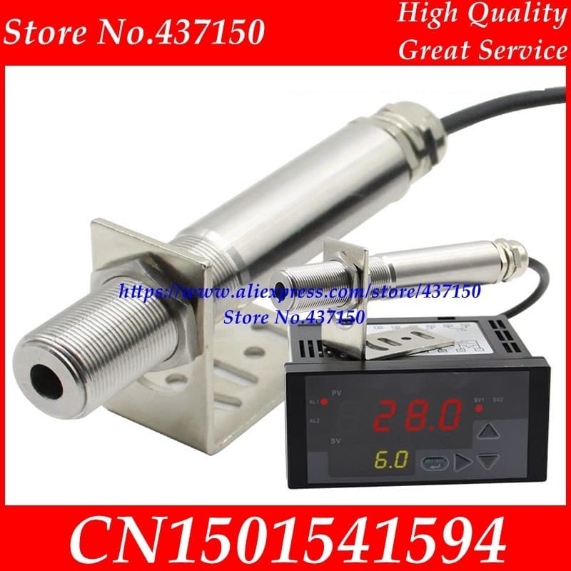 A compact industrial infrared temperature sensor with a 4-20mA output, shown from an angled perspective.