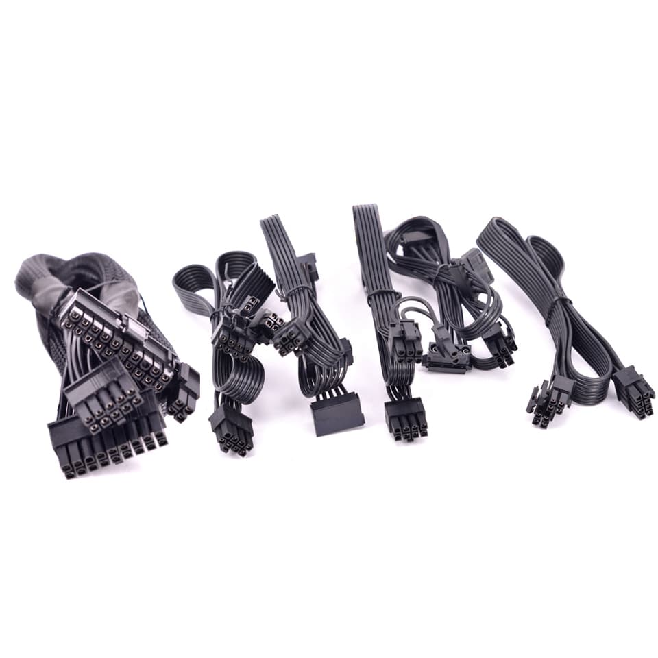 A set of black modular power supply cables, including a PCIe 8Pin, IDE, SATA cable, and ATX 24Pin, for Corsair RMx Series.