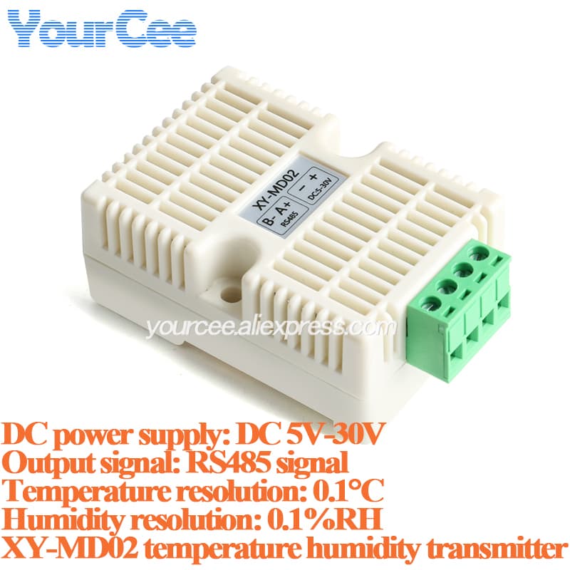 XY-MD02 temperature and humidity transmitter module with SHT40 sensor, featuring Modbus RS485 signal output.