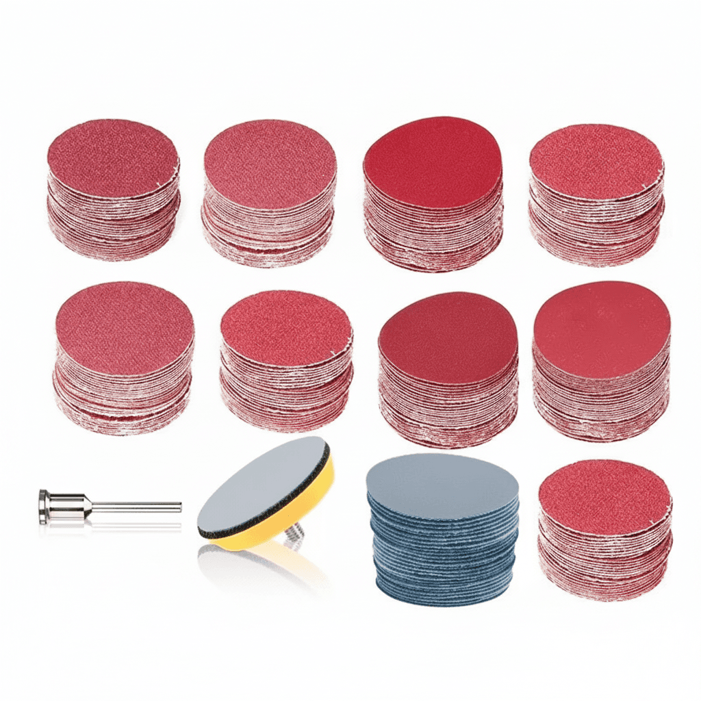 A collection of 1, 2, and 3-inch round abrasive dry sanding discs with back-up pads for polishing tools.