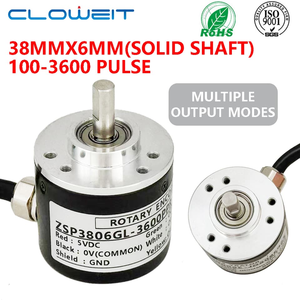Cloweit 38mm incremental rotary encoder with 6mm shaft, A/B/Z-2/3 phases, and 10-3600 PPR for precise motion sensing.